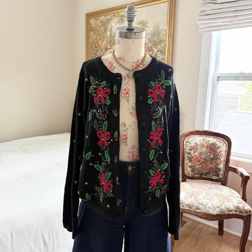 Victoria jones black‎ beaded bow holiday cardigan sweater
